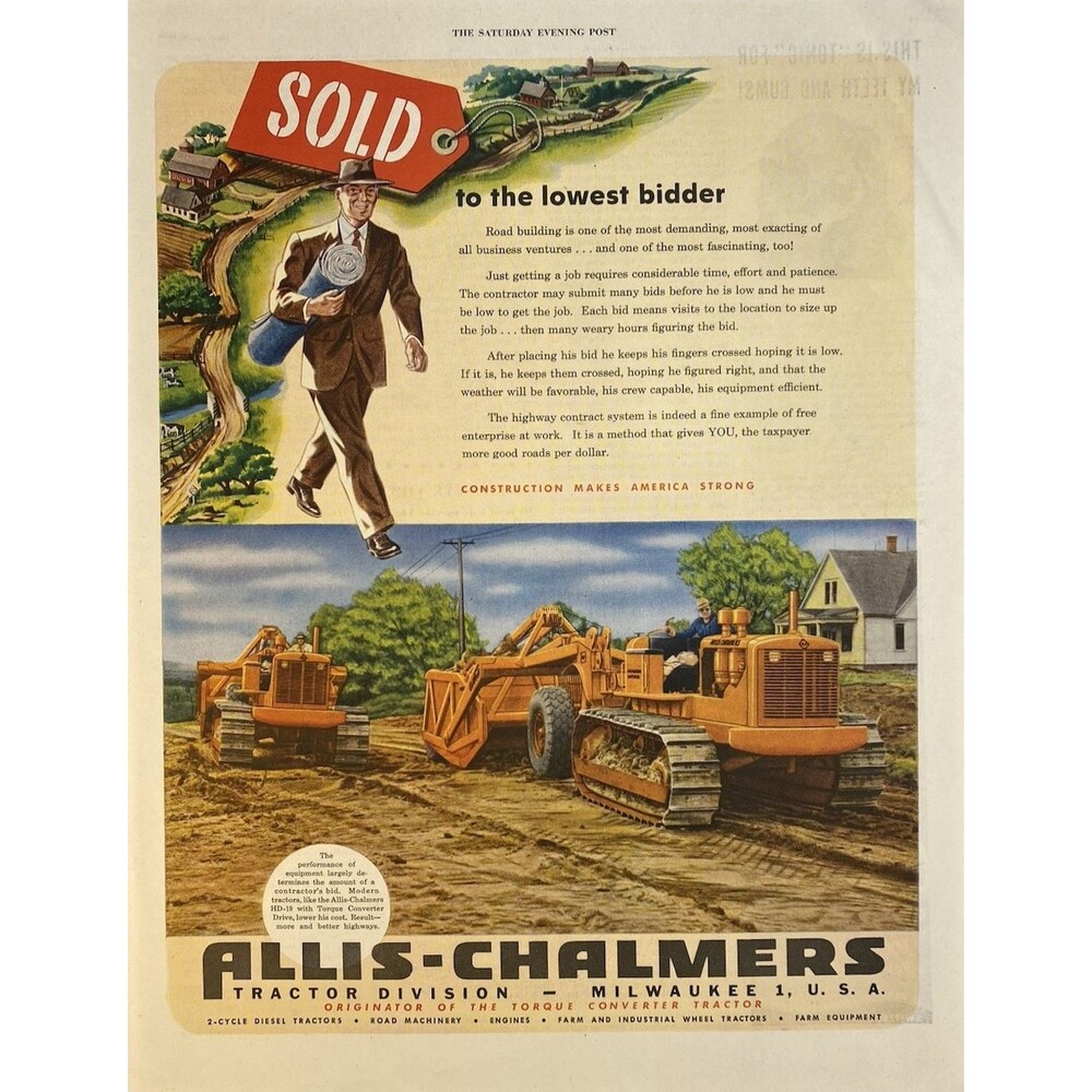 Allis-Chalmers Tractor Division "Construction Makes America Strong" Print Ad '49